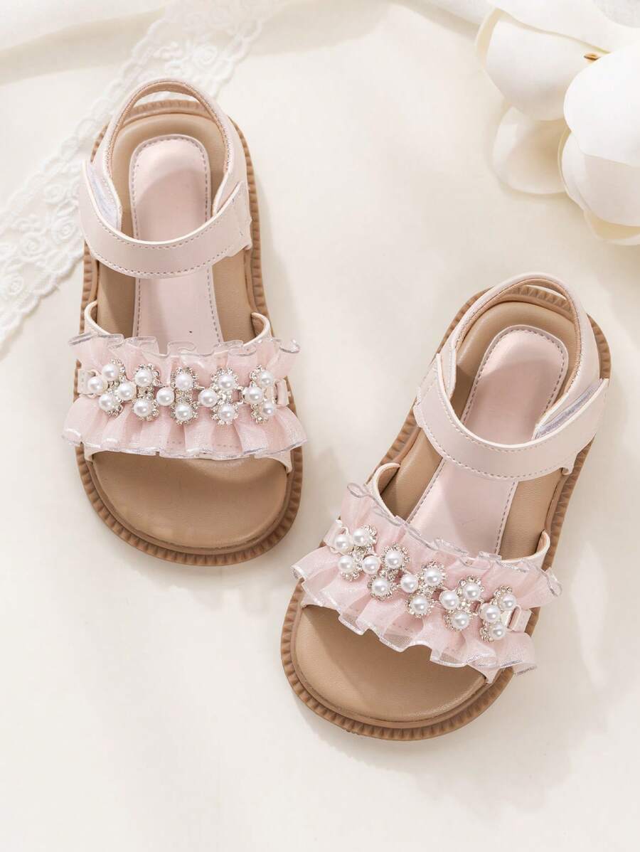 Girls' Pearl Lace PU Pink Sandals, Summer New Party Cute Princess Shoes, Soft Non-Slip Open Toe, Suitable For Party, Wedding, Casual And Daily Wear