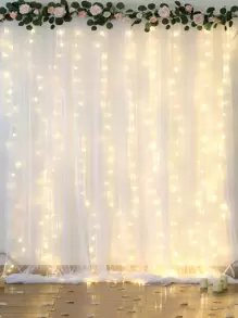 1set 300*215cm White Curtain And Light String Set, With Gauze Banners For Perfect Decoration Of Birthday Wedding Babe Shower Party Room Background Wall, Including 2pcs Of 150*215cm White Gauze, 1pc 300cm Warm Light String 300 LED, And 10pcs Of Curtain Clips, Party Gifts Favor, Christmas New Year Atmosphere Decor - 白色 - 查看 1