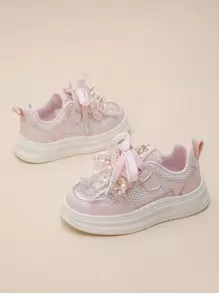 Girls' Spring Athletic Lace-Up Sneakers, Bowknot Rhinestone Decor, Kids Casual Running Shoes