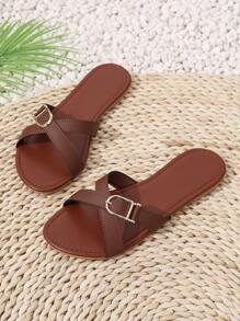 Damen Lässig Cross-Band Flache Slide Sandalen, Metall-Schnallen-Dekor, offene Zehenpartie, modisch und bequem für den täglichen Gebrauch, Strand & Urlaub, Sommer Essentiell, leicht, Material Kunstleder, Freizeitschuhe, Urlaubsreiseschuhe, Festival-Feiertagsschuhe, Neuankömmling für den Sommer, Beliebte Modepantoletten, Kreuz-Riemen-Element, empfohlene Flache Slide Sandalen