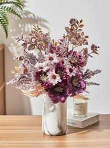 1束人造花，包括人造银莲花、雏菊和尤加利，质感逼真，适用于花瓶、家居、酒店客房、婚礼装饰、餐桌装饰、秋季装饰等。 - 紫色 - 查看 7