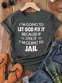 Áo thun nữ in khẩu hiệu phong cách thường ngày, thích hợp cho mùa hè. - Màu xám đen - Xem 1