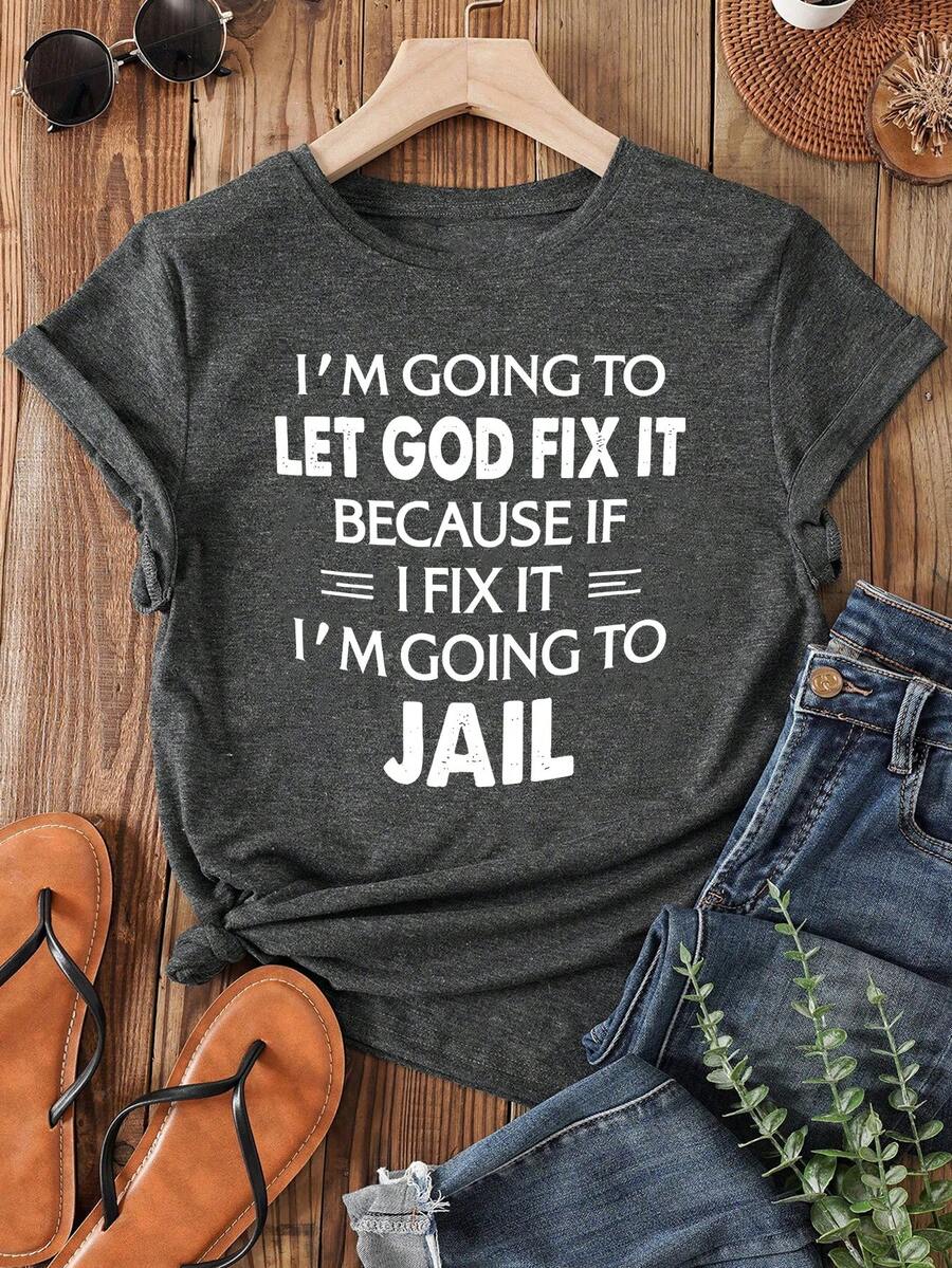 Áo thun nữ in khẩu hiệu phong cách thường ngày, thích hợp cho mùa hè. - Màu xám đen - Xem 1