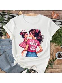 Women Fashion Casual Floral "Mom & Me" Slogan Print Round Neck Short Sleeve T-Shirt Round Neck Medium Stretch Tee Women'S T-Shirt Unisex Clothing Everyday Essentials Soft Fabric T-Shirt Gifts 100% Cotton