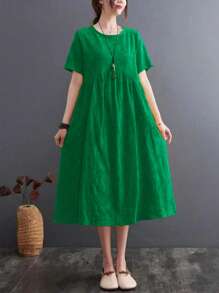 Women's Solid Color Simple Casual Round Neck Short Sleeve Dress - Green - View 1