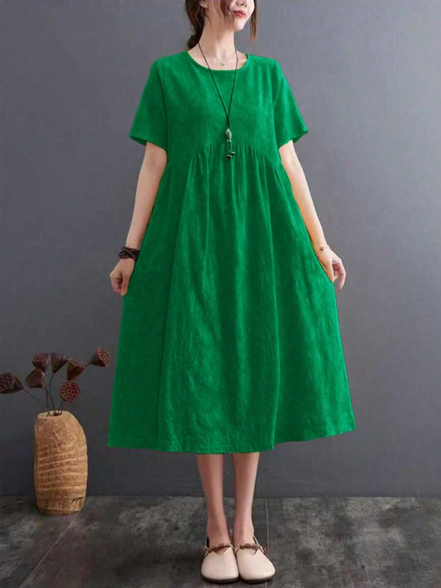 Women's Solid Color Simple Casual Round Neck Short Sleeve Dress - Green - View 1