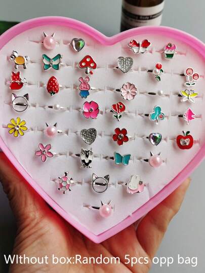 5件套时尚银色/金色合金戒指，儿童首饰礼物，可调节戒指，随机发货（无包装盒）