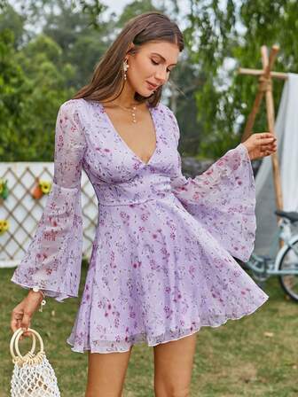 Double Crazy Autumn Dress, Suitable For Wedding Guest, All Season Wear, Summer Music Festival Party Dress, Elegant Ditsy Floral Flare Sleeve Short Dress For Women, Summer