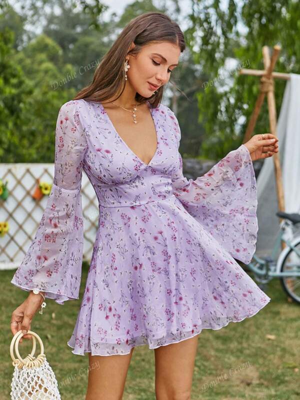 Double Crazy Elegant Music Concert Party Dress, Ditsy Floral Chiffon Vacation Dress With Flare Sleeves For Women, Summer