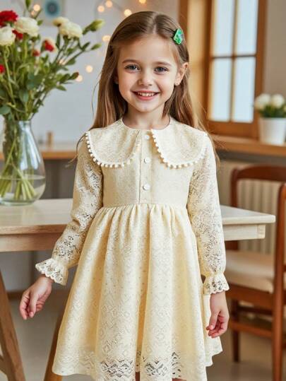 Young Girl Elegant Lovely Mori Girl Style Casual Versatile Classic Lace Hollow Floral Ruffle Collar Long Sleeve Dress For School And Outdoor Play, Spring And Summer
