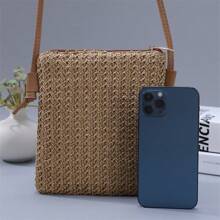 新款时尚百搭编织大容量女士斜挎单肩包，纯色草编手提包，适合度假、沙滩、旅行、手机袋 - 棕色 - 查看 3