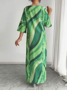 Traditional Arabian Attire, Elegant Middle Eastern Style Dress, Comfortable Loose Breathable Round Neck 3/4 Sleeve Luxurious Party Vacation Wear Summer Autumn - Green - View 3