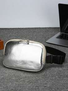 Portable Solid Color Glossy High-End Diagonal Crossbody Bag, Fashionable Men's Chest Bag Connected Waist Bag - Silver - View 4