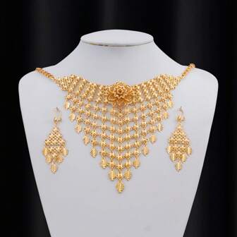 3 件套 - 3D 玫瑰花、满天星、叶状流苏 V 形颈链，优雅奢华的女性礼物，适合婚礼、母亲节、情人节