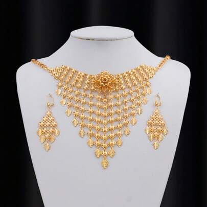 3pcs Set - 3D Rose Flower, Gypsophila, Leafy Tassel V-Shape Choker Necklace, Elegant Luxurious Gift For Women, Suitable For Weddings, Mother's Day, Valentine's Day