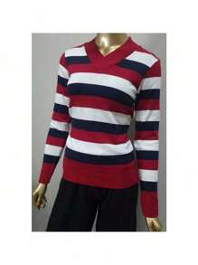 Women's Cold Weather Blouse | Women's Striped Long Sleeve Blouse | Striped V-Neck Blouse | Stripes - Đỏ - Xem 4