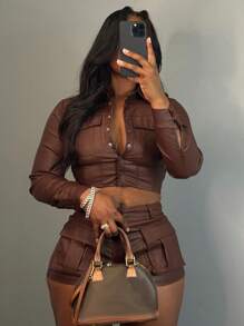 2pcs Set: Solid Color Cropped Leather Jacket & Mini Skirt, Fashion Outfit For Autumn - Coffee Brown - View 5
