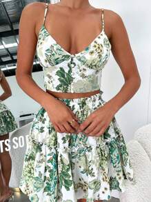 Women's Floral Cami Top And Ruffle Hem Skirt 2pcs Set,Back To School,Wedding Guest Dress Women,Cute ,Kawaii,Boho Women Clothing,Christmas Clothes - Green - View 5
