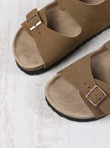 1 par de sandalias planas marrón para niñas de talla grande y ancha, con correa de unicolor, hebilla metálica, diseño de, punta redonda, antideslizante, estilo romano lindo y de lujo, adecuado para niños y niñas de 3 a 15 años, para uso diario, fiesta, casual, vacaciones, nueva llegada primavera/verano 2025 - Marrón - Ver 7