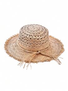 1 pièce Chapeau de paille décoratif fait main, ajouré, de couleur unie, avec protection UV. à la mode polyvalente pour les déplacements, mettant le visage en valeur. Printemps/Été, vacances, festival - Chapeau de paille rond - Voir 10