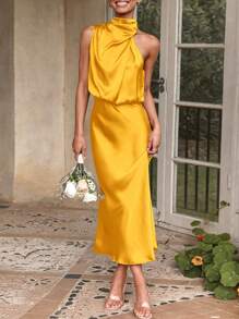 Women's Summer Satin Dress Elegant Sleeveless Fake Neckline Cocktail Gown - 黃色 - 查看 1