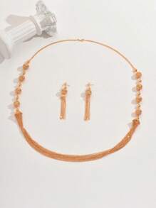 Set de 2 piezas de collar largo con borlas y aretes de perlas falsas, elegante cadena para suéter, ideal para boda, fiesta, Eid Al-Fitr