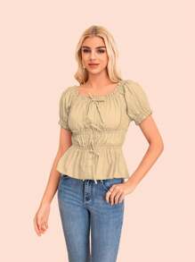Blusa top lazo frontal lace up con manga corta abombada y bordado. - Beis - Ver 5