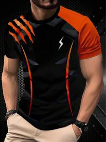 Black Background With Bright Orange Striped Short Sleeve Tee, Unique Lightning Bolt Graphic Street Style Stylish Short Sleeve T-Shirt - Black - View 3