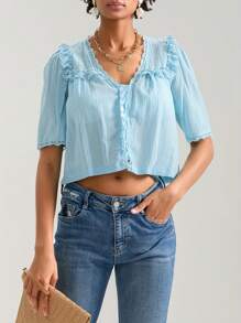 Women Short Sleeve Shirts Lace Ruffles Buttons Blouses Summer Loose Casual Tops - 藍色 - 查看 1