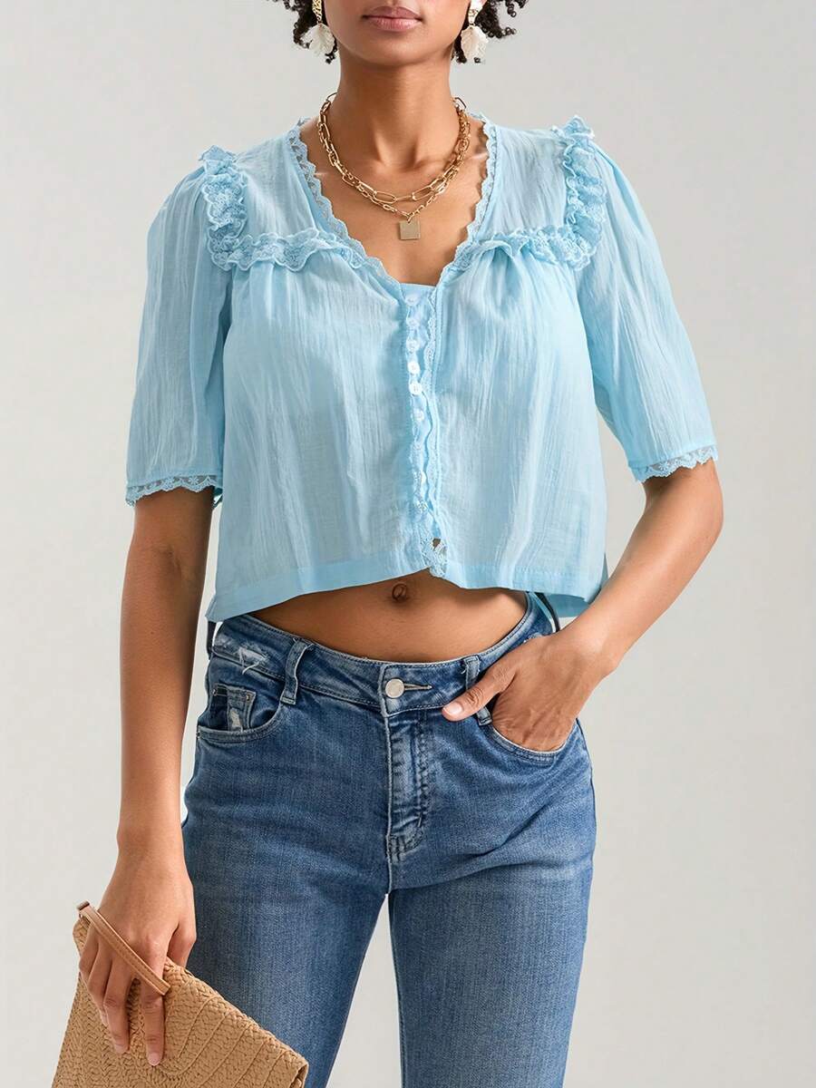 Women Short Sleeve Shirts Lace Ruffles Buttons Blouses Summer Loose Casual Tops - 藍色 - 查看 1