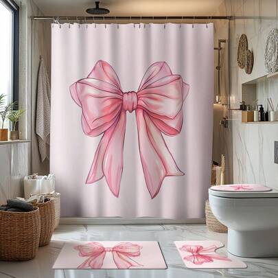 4pcs/Set Pink Bow Themed Bathroom Decor Set - Shower Curtain, Bath Mat, U-Shape Toilet Lid Cover, Waterproof Shower Curtain, Modern Style Bathroom Partition, No Drilling Required, Polyester, Machine Washable Back To School