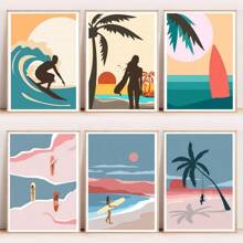 1pc Seaside Beach Scenery Surfing Coconut Trees Travel Posters Canvas Painting Wall Arts Home Decor No Frame