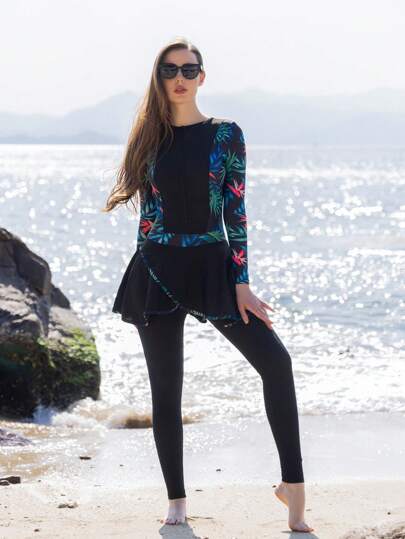 Middle Eastern Style One-Piece Floral Printed Modest Women Swimsuit With Long Sleeve And Pants, Conservative Full Coverage Beach Swimwear, Summer