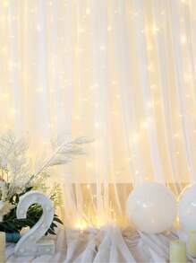 1set 300*215cm White Curtain And Light String Set, With Gauze Banners For Perfect Decoration Of Birthday Wedding Babe Shower Party Room Background Wall, Including 2pcs Of 150*215cm White Gauze, 1pc 300cm Warm Light String 300 LED, And 10pcs Of Curtain Clips, Party Gifts Favor, Christmas New Year Atmosphere Decor - 白色 - 查看 4