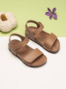 1 Pair Fashion Solid Color Cute Kids/Toddlers Soft Cork Bottom Comfortable Flat Sandals, Suitable For Boys/Girls, Summer Beach Shoes With Hook And Loop Opening, Open Toe Design For Easy Wear