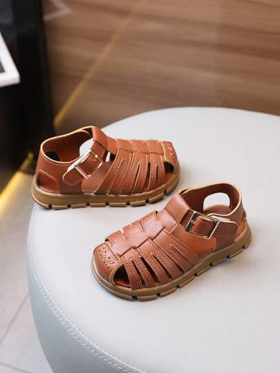 A Pair Of PU Stitched Closed Toe Anti-Kick Fashionable Baby Sandals, Hook And Loop Closure With Exquisite Decorative Buckles, Lightweight/Soft/Wear-Resistant/Anti-Slip Soles, Suitable For Boys And Girls Baby Learning To Walk, Indoor And Outdoor, Beach, Festival Spring And Summer Wear
