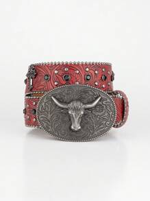 Cinturón unisex de piel de imitación de estilo punk, con hebilla con diamantes incrustados, inspiración en el estilo cowboy occidental, decorado con brillantes, apto para todas las estaciones