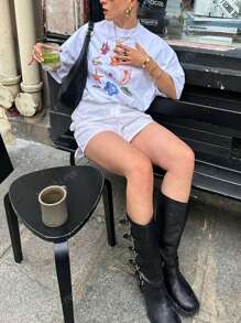 Camiseta de manga corta con cuello redondo, estilo casual y versátil de mujer para verano, con estampado de flores, langosta y vida marina, en estilo playero y callejero, de corte oversize