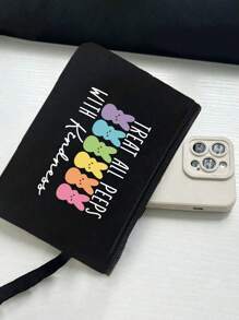 Colorful Cartoon Rabbit Pattern Printed Black Linen Handbag,Cute Rabbit Pattern,"Treat All With Kindness"Pattern ,Easter Bunny,Large Capacity Cosmetic Bag With Hand Rope,Hanging Toiletry Bag,Travel Cosmetic Bags