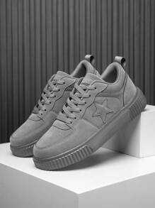 Men's Fashionable Solid Color Star Pattern Patchwork Lace-Up Round Toe Flat Skate Shoes, Personalized Minimalist Style For Casual Wear, Anti-Slip Sports Sneakers For Youth - Grey - View 4