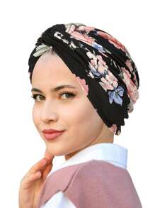 1pc Floral Print Beanie Hat For Women, Elastic Polyester Turban Cap With Twist Design, Fashionable Hair Protection Headwear For All Seasons, Travel & Daily Wear, Daily Wear Cap | Floral Print Hat | Polyester Cap - Multicolor - View 12