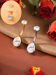 2PCS 14G 316L Stainless Waterdrop Belly Button Ring Classic Daily Navel Barbell Stud Simple Teardrop CZ Navel Belly Piercing Jewelry Exquisite Gift For Her Internally Threaded Silvery/Gold
