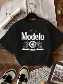 MODELO Letter Print T-Shirt, Short Sleeve Round Neck Casual Top, Summer And Spring, Women'S 100% Cotton - 黑色 - 查看 1
