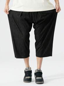 Calça capri plus size preta de seda cintura alta, adequada para o verão - Preto - Ver 7