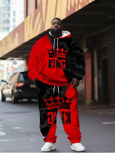 Conjunto de sudadera con capucha y pantalones estampado digital 3D con bloqueo de color y patrón de letra "Rey" para hombre, talla grande, conjunto de top de manga larga y pantalones de chándal, ropa deportiva de otoño