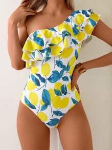 1 pieza Traje de baño de una pieza con hombro descubierto, volantes y estampado de limón, para mujer, para vacaciones de verano en la playa