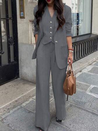 Women's Casual Commuter Striped Jacket, Pants, Vest 3-Piece Suit Set, Spring/Summer