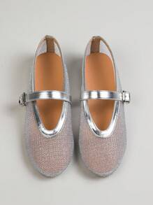 女士银色网布闪光编织透气平底凉鞋，法式玛丽珍软底鞋，适合夏季海滩和户外穿着