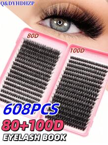 608 簇 D 卷曲大容量睫毛书，80D+100D 混合 8-18MM 混合长度，DIY 化妆美容假睫毛适合日常佩戴，浓密黑色放大眼睛，浓密蓬松单根睫毛延长，适合初学者生活、约会、婚礼、派对、音乐节和万圣节