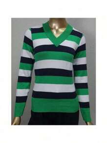 Women's Cold Weather Blouse | Women's Striped Long Sleeve Blouse | Striped V-Neck Blouse | Stripes - 綠色 - 查看 5